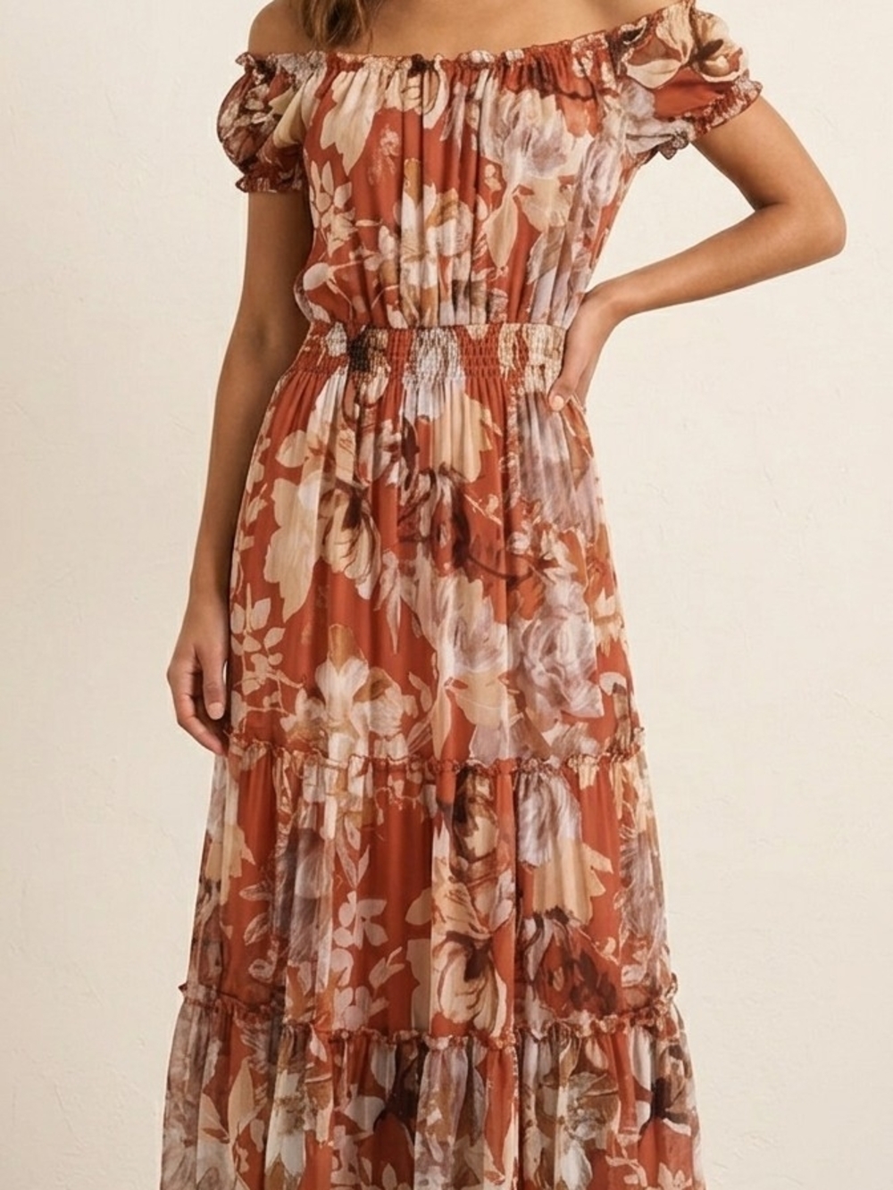 Romantic Rusty Floral Off-Shoulder Ruffled Maxi Dress with Tiered Skirt.  WD 4